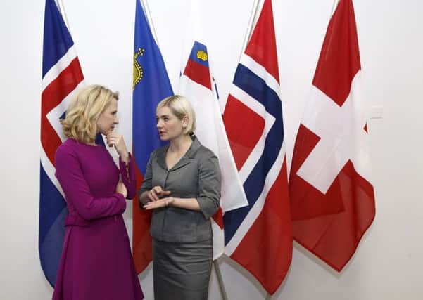 Liechtenstein's foreign minister Aurelia Frick, left, speaks with her Icelandic counterpart and EFTA chair Lilja Alfredsdottir. Picture: Keystone/AP