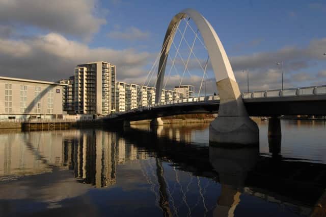 The Clyde Arc, known locally as the squinty bridge, links the Broomielaw with Tradeston. Picture: Robert Perry