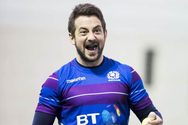 Scotland captain Greig Laidlaw warms up with a spot of tennis at the Oriam training centre, Edinburgh. Picture: SNS Group