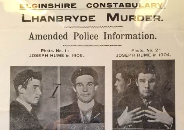 Wanted poster for Joseph Hume, suspected of murder in Lhanbryde in 1905.
