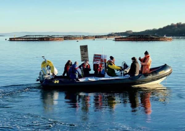 Campaigners took to the sea in protest against plans to expand a salmon farm in a protected conservation area in Arran's Lamlash Bay. Picture: Sally Campbell