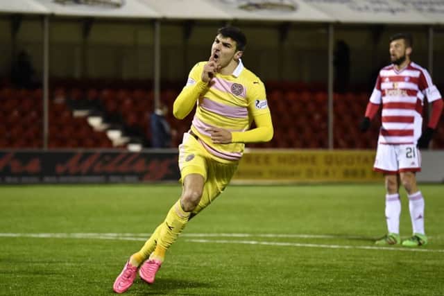 Hearts' Callum Paterson celebrates his equaliser against Hamilton on Monday. Picture: SNS