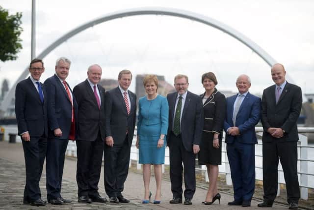 The leaders of Jersey, Wales, Scotland, Northern Ireland with Irish Taoiseach Enda Kenny and Scottish Secretary David Mundell. Picture: Jane Barlow