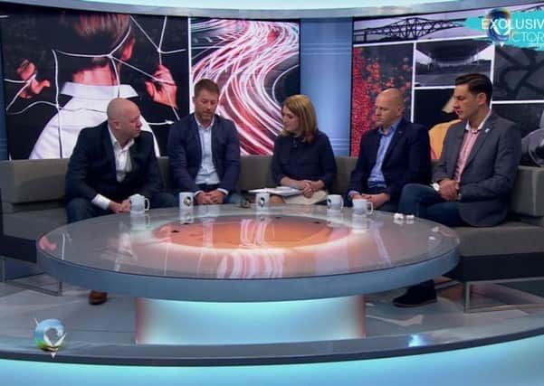 From left to right: Jason Dunford, Steve Walters, Chris Unsworth and Andy Woodward speak to BBC presenter Victoria Derbyshire about their ordeals. Picture: BBC News/PA
