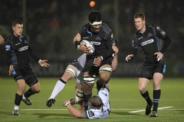 Warriors' Brian Alainu'uese breaks through the Ospreys defence. The Glasgow player was later sent off. Picture: Gary Hutchison/SNS/SRU