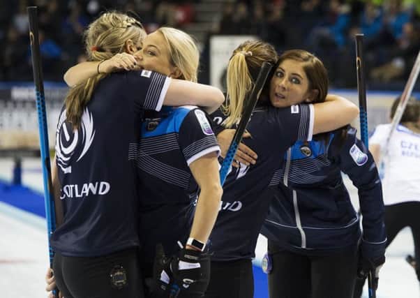 Scotland celebrate winning bronze at the European Curling Championships at Braehead. Picture: Paul Devlin/SNS