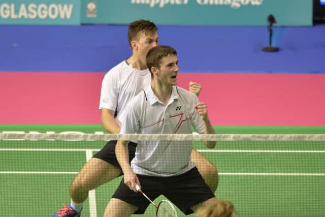 Adam Hall, front, and Peter Mills celebrate reaching the mens finals at the Scottish Open Grand Prix. Picture: Lorraine Hill