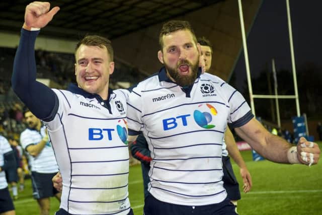 Scotland's Stuart Hogg and John Barclay celebrate at full-time. Picture: Bill Murray/SNS/SRU