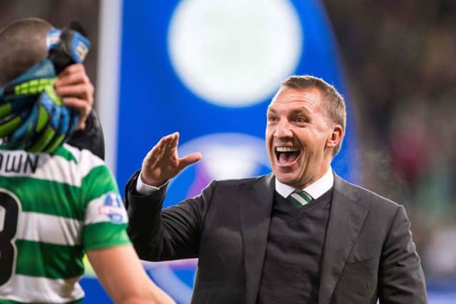 Celtic manager Brendan Rodgers celebrates winning the Betfred Cup final at Hampden. Picture: PA