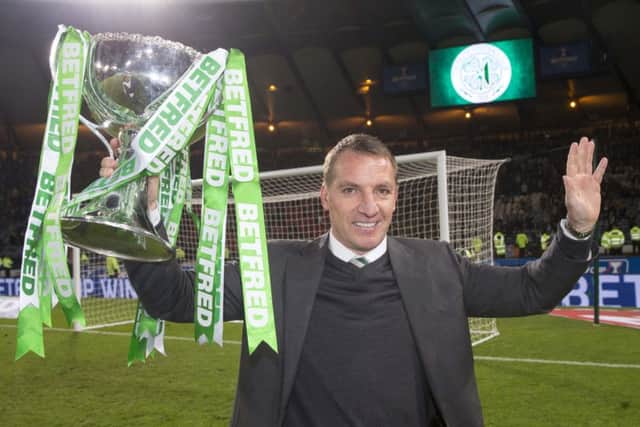 Celtic manager Brendan Rodgers celebrates winning the Scottish League Cup final. Picture: PA