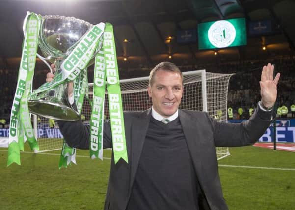 Celtic manager Brendan Rodgers celebrates winning the Scottish League Cup final. Picture: PA