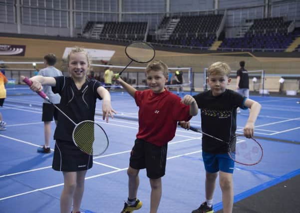 Young enthusiasts. left to right, Iona Muir, Lewis Smith and Finn Callister at the Emirates Arena. Picture: Lorraine Hill.