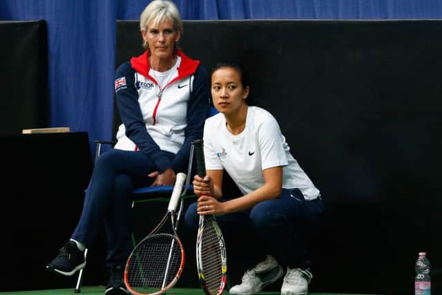 BUDAPEST, HUNGARY - FEBRUARY 03:  Captain, Judy Murray watches on with coach Anne Keothavong in a practice session during previews for the Fed Cup Europe/Africa Group One tennis at Syma Event and Congress Centre on February 3, 2015 in Budapest, Hungary.  (Photo by Julian Finney/Getty Images for LTA)