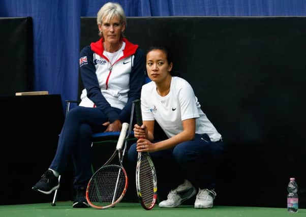 BUDAPEST, HUNGARY - FEBRUARY 03:  Captain, Judy Murray watches on with coach Anne Keothavong in a practice session during previews for the Fed Cup Europe/Africa Group One tennis at Syma Event and Congress Centre on February 3, 2015 in Budapest, Hungary.  (Photo by Julian Finney/Getty Images for LTA)
