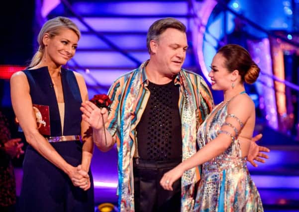 Tess Daly, Ed Balls and Katya Jones during the results show for BBC One's Strictly Come Dancing. Picture: Kieron McCarron/BBC/PA Wire
