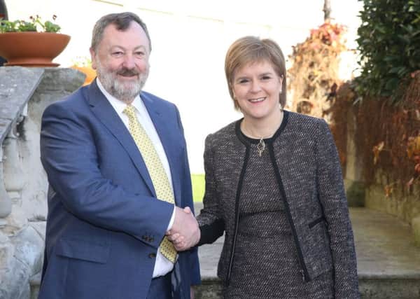 Cathaoirleach of the Seanad Senator Denis O'Donovan (left) greets First Minister of Scotland Nicola Sturgeon at Leinster House, Dublin, where she is to address the Seanad as her two-day visit to Ireland comes to a close. Picture: Brian Lawless/PA Wire