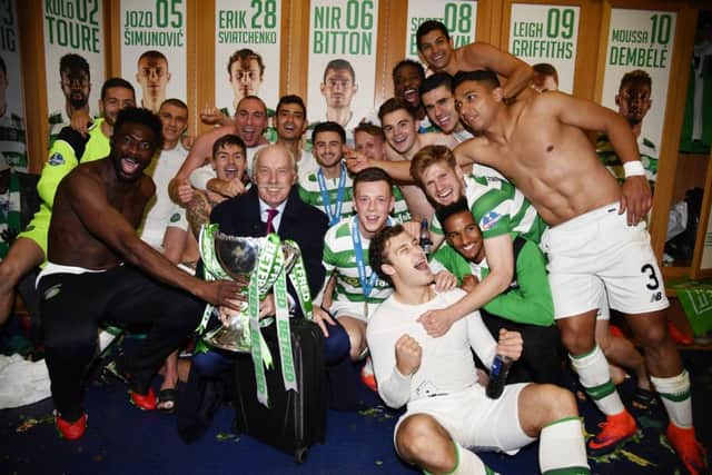 The Celtic squad after winning the Betfred Cup final against Aberdeen. Picture: SNS