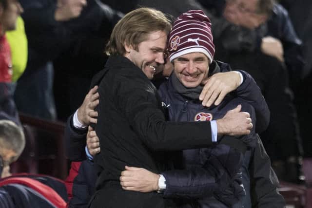 Robbie Neilson and No 2 Stevie Crawford, both set to quit Hearts for MK Dons, celebrate their current sides emphatic 2-0 victory over Rangers. Picture: Craig Williamson/SNS