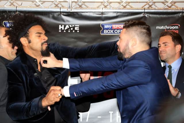 David Haye, left, and Tony Bellew have a bust-up during the press conference to promote their fight in March. Picture: Adam Davy/PA Wire