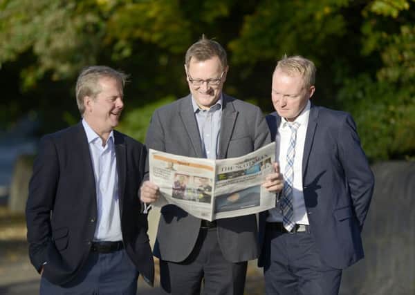 The Scotsman's relaunch in September 2015. Pictured are Editorial Director Ian Stewart, Johnston Press CEO Ashley Highfield and Frank O'Donnell, Director of Digital Content. Picture: TSPL