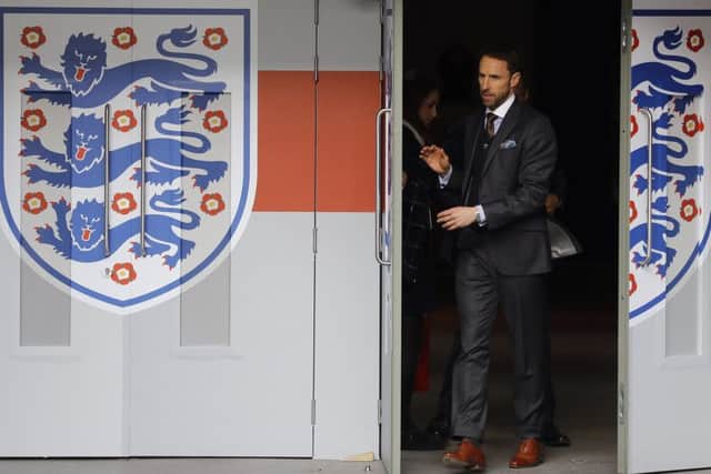 Gareth Southgate arrives for his unveiling as England manager at Wembley. Picture: AP Photo/Frank Augstein