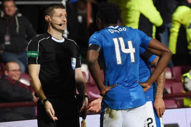 Rangers Joe Dodoo argues with the linesman after his goal is disallowed for offside. Picture: SNS