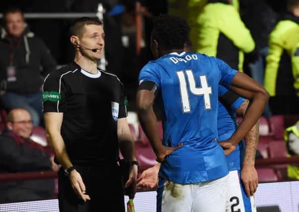 Rangers Joe Dodoo argues with the linesman after his goal is disallowed for offside. Picture: SNS