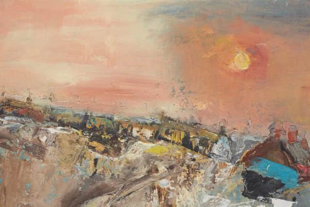An oil painting by Joan Eardley depicting a winter's day at Catterline.
