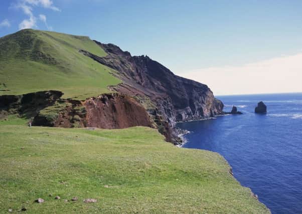 Grass topped cliffs along the north west coast between the settlement of Edinburgh and potato patches, on Tristan da Cunha. Picture: Geoff Renner/Shutterstock
