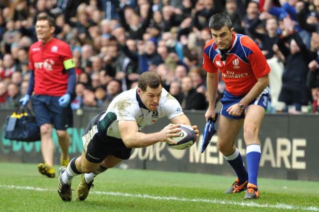 Tim Visser scores Scotland's third try against France in last year's Six Nations.   Picture: Ian Rutherford