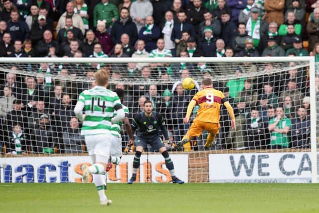 Motherwell's Louis Moult opens the scoring versus Celtic, ending Craig Gordon's run of eight consecutive clean sheets. Picture: Jane Barlow/PA Wire