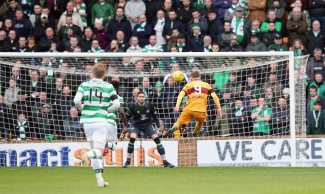 Motherwell's Louis Moult opens the scoring versus Celtic, ending Craig Gordon's run of eight consecutive clean sheets. Picture: Jane Barlow/PA Wire