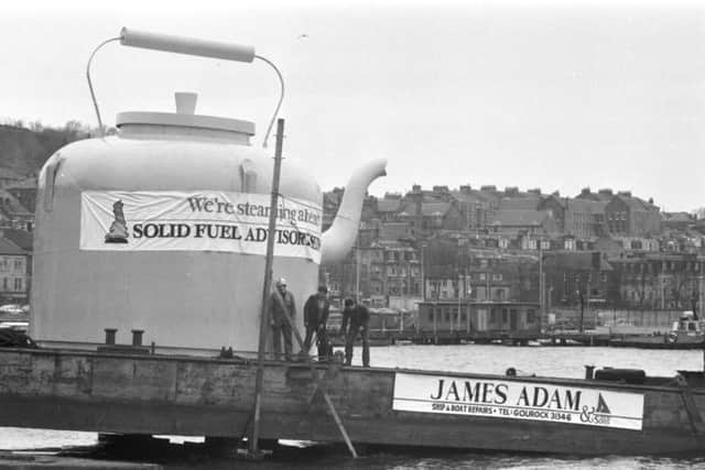 The Yellow Kettle being towed up the River Clyde to be installed at the Glasgow Garden Festival in March 1988. Picture; TSPL