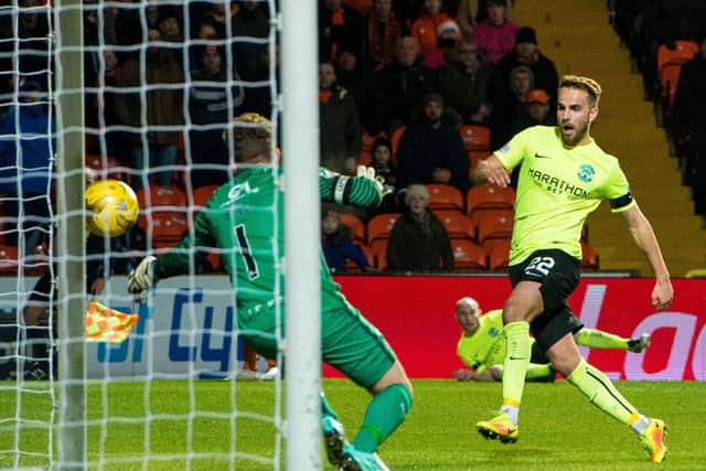 Andrew Shinnie goes close during Hibs' defeat by Dundee United. Picture: Ross Parker/SNS