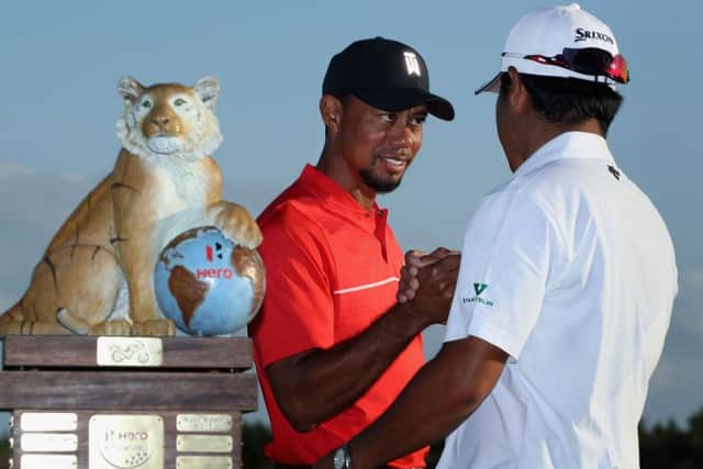 Tournament host Tiger Woods shakes hands with Hideki Matsuyama of Japan after Matsuyama won the Hero World Challenge at Albany, the Bahamas. Picture: Getty Images
