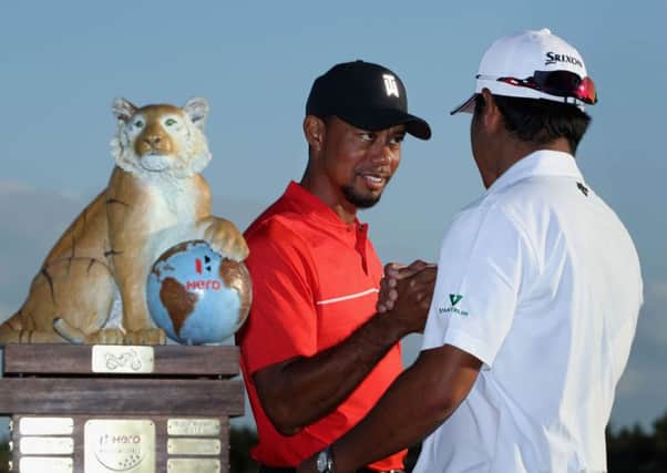 Tournament host Tiger Woods shakes hands with Hideki Matsuyama of Japan after Matsuyama won the Hero World Challenge at Albany, the Bahamas. Picture: Getty Images