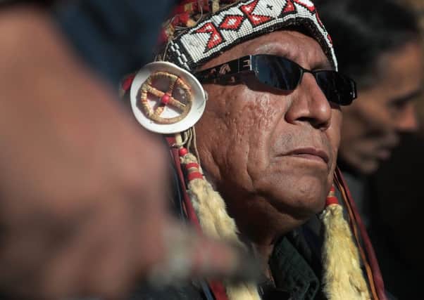 Chief Arvol Looking Horse of the Lakota/Dakota/Nakota Nation during an interfaith ceremony at Oceti Sakowin Camp at the Standing Rock Sioux Reservation. Picture: Getty Images