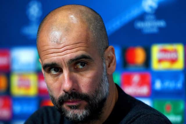 Manchester City boss  Pep Guardiola looks on during a press conference ahead of the UEFA Champions League tie against Celtic. Picture:  Gareth Copley/Getty Images