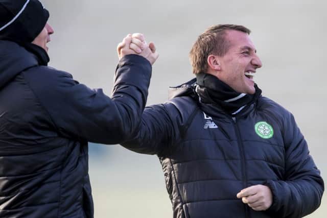 Manager Brendan Rodgers in relaxed mood as Celtic train at Lennoxtown before heading south for their Champions League tie at Manchester City.
