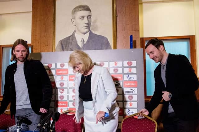 Hearts' new head coach Ian Cathro, right, with his assistant Austin MacPhee, left, and Hearts owner Ann Budge. Picture: Ross Parker/SNS