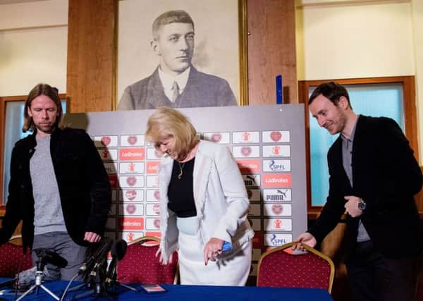 Hearts' new head coach Ian Cathro, right, with his assistant Austin MacPhee, left, and Hearts owner Ann Budge. Picture: Ross Parker/SNS