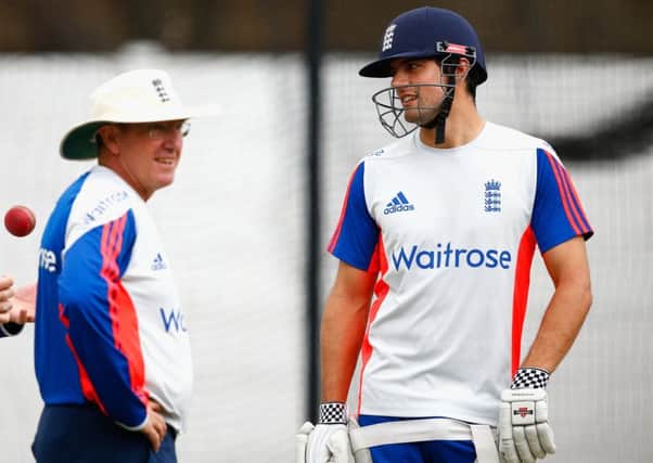England captain Alastair Cook, right, insists he and coach Trevor Bayliss, left, are in agreement over the style of batting required. Picture: Julian Finney/Getty Images