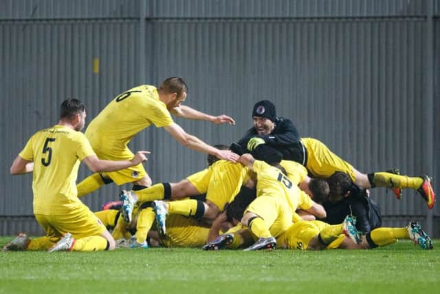 Bonnyrigg Rose celebrate Adam Nelson's winner against Dumbarton in the Scottish Cup. Picture: Robert Perry