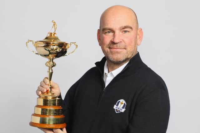Thomas Bjorn poses with the Ryder Cup trophy when he was named 2018 European captain. Picture: Andrew Redington/Getty Images