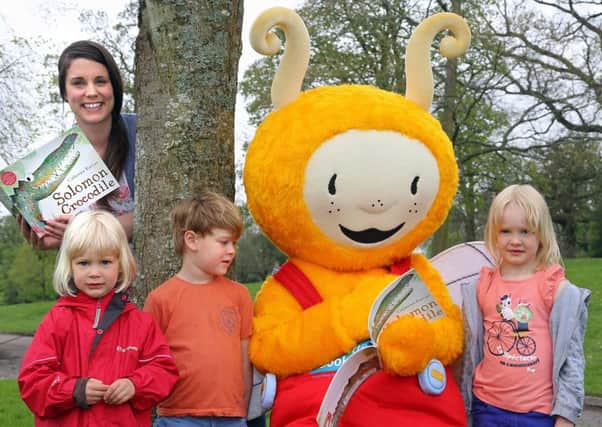 The Bookbug mascot with author and illustrator Catherine Rayner at Vogrie Country Park.