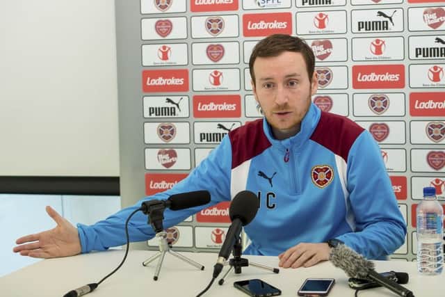 Hearts head coach Ian Cathro talks to the media ahead of his side's trip to Ibrox. Picture: SNS