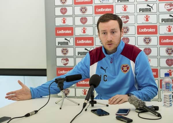 Hearts head coach Ian Cathro talks to the media ahead of his side's trip to Ibrox. Picture: SNS