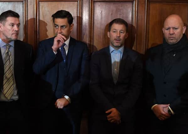 Former footballers and victims of abuse Mark Williams, Andy Woodward, Steve Walters and Jason Dunford at the launch of The Offside Trust to help victims of abuse. Picture: Getty Images