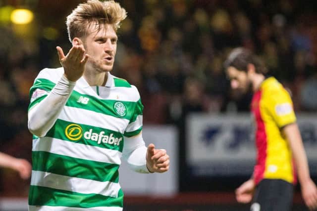 Stuart Armstrong celebrates having opened the scoring against Partick Thistle. Picture: PA