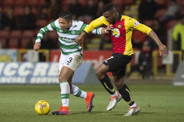 David Amoo challenges Emilio Izaguirre. The Thistle striker believes Celtic are now on a different level to other Scottish teams. Picture: Alan Harvey/SNS